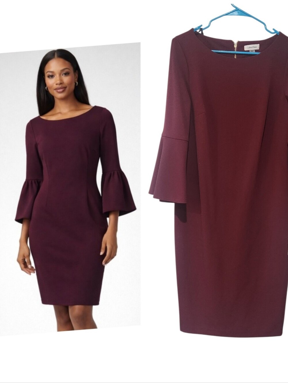 Calvin Klein Peplum Sheath Dress Bell Sleeves Eggplant Size 12 New With Tag